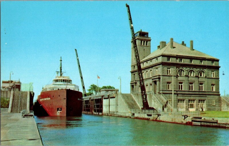 Freighter Downward Bound, MacArthur Lock Sault Ste Marie MI Vintage Postcard L75