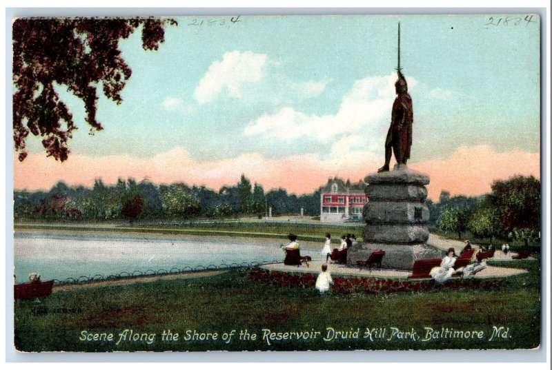 Baltimore Maryland Postcard Scene Along The Shore Of Reservoir Druid Park c1910s