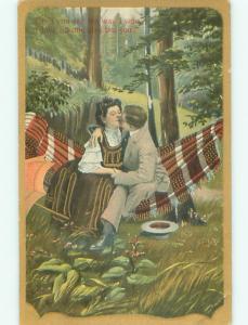 Unused Pre-Linen ROMANTIC COUPLE ON PATRIOTIC HAMMOCK - RED WHITE AND BLUE k9403