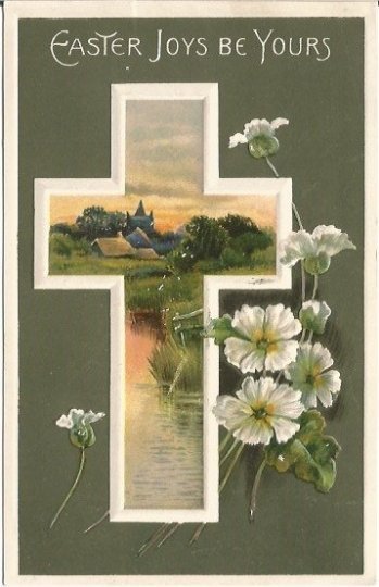 Dark Green Background with White Christian Cross with Sunset Lake Scene Postcard