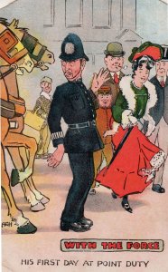 Policeman First Day Horse Traffic Point Duty Old Comic Postcard