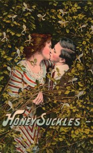 Vintage Postcard Lovers Couple Kissing Honey Suckles Romance Sweet Love