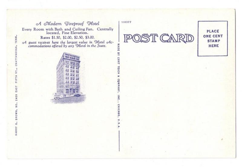 Park Hotel Chattanooga TN Vintage Curteich Linen Postcard