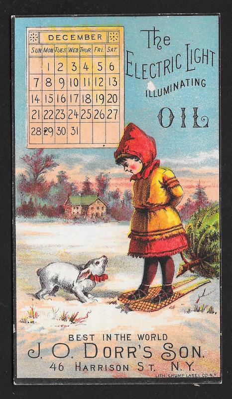 VICTORIAN TRADE CARD Electric Light Oil Girl & Bunny in Snow