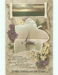 1910 tinted rppc BIRTHDAY - SAIL BOAT ON WATER & FLOWERS o2218