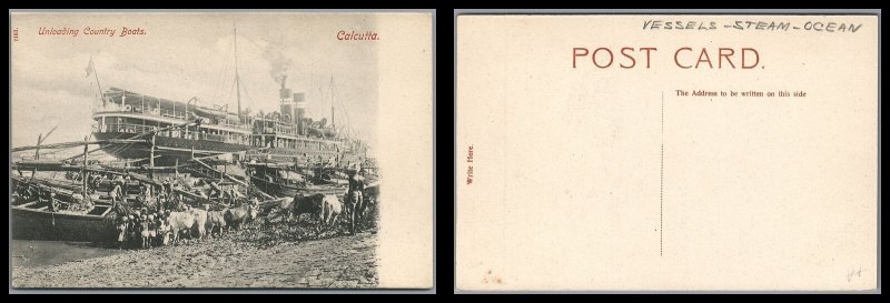 British India Antique Vintage Post Card Unloading Country Boats Calcutta Unused