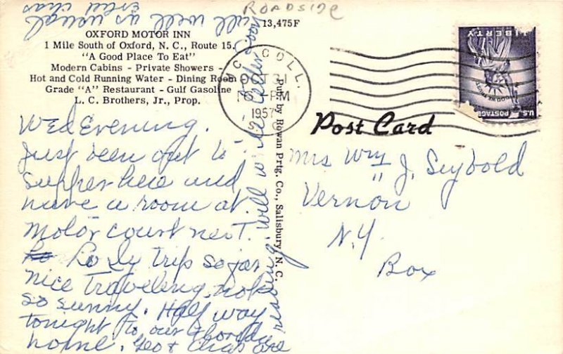 Oxford Motor Inn 1 mile south of Oxford - Oxford, North Carolina NC Postcard