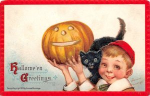 Hallowe'en  Greetings Boy & Black Cat W/ Smiling Jack-o-Lantern, Artist Signed B