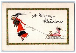 Christmas Postcard Woman Pulling Cart Little Girl Sled Throwing Snowball 1916