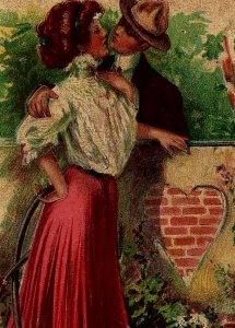 c1910 VALENTINE KISSING COUPLE WATER HOSE LOVE IN THE GARDEN POSTCARD 26-261