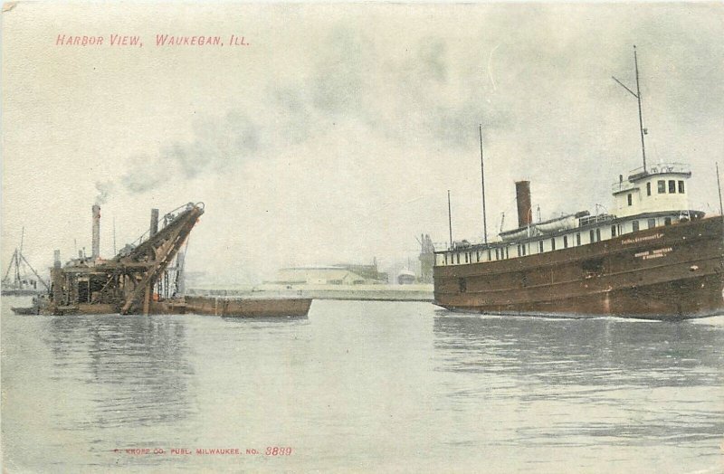 Postcard Waukegan Illinois Harbor View boat occupation Kropp #3839 24-8031