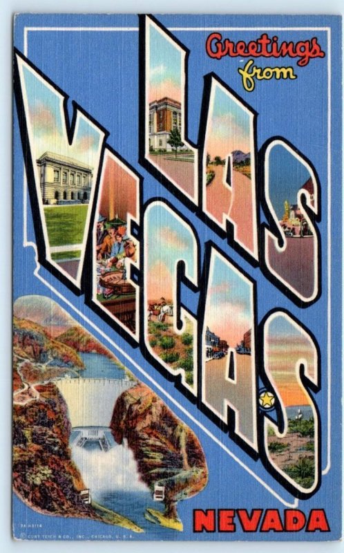 LAS VEGAS, NV Nevada ~ Large Letter Linen c1930s Clark County Curteich. Postcard