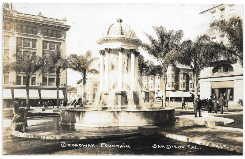 RPPC Broadway Fountain, Street Scene & US Grant San Diego, California~104844 