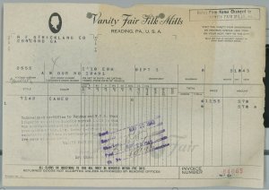 1943 Vanity Fair Silk Mills Reading PA Invoice R.F. Strickland Co. Concord GA158 