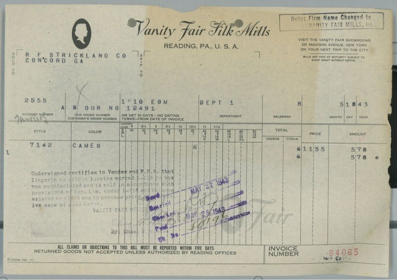 1943 Vanity Fair Silk Mills Reading PA Invoice R.F. Strickland Co. Concord GA158 