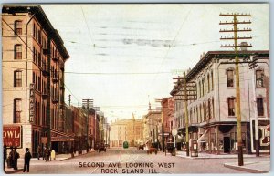 c1910s Rock Island IL Downtown Second Ave Looking West Telegraph Line Crowd A210