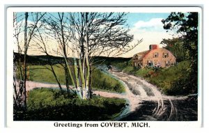 Greetings From COVERT, MI Michigan ~Car, House c1920s  Van Buren County Postcard