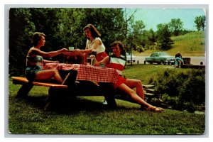 Vintage 1960's Postcard Three Beautiful Woman Roadside Sitting on Picnic Bench