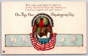 Holiday~Good Wishes On This Thanksgiving Day~Turkey & US Flag~Emb~Vintage PC