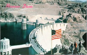 Postcard NV - Greetings from Hoover Dam -- aerial of dam with US Flag