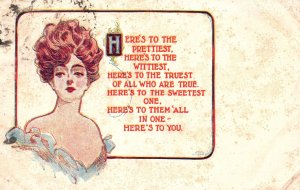 Vintage Postcard 1908 Pretty Face Beautiful Lady Here's to Prettiest & Wittiest