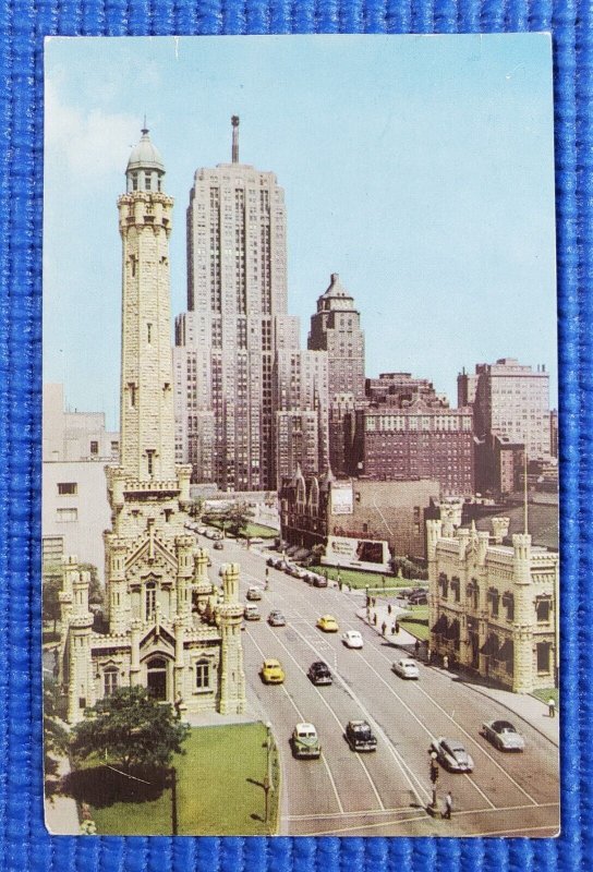 Vtg 1950's Michigan Ave Old Water Tower Surviving 1871 Fire Chicago ILL Postcard