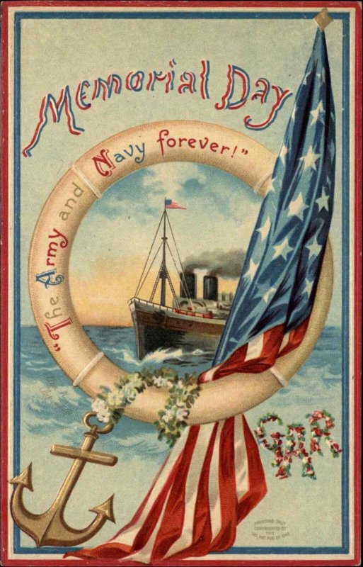 Memorial Day American Army and Navy Steamer Int'l Art c1910 Patriotic Postcard 