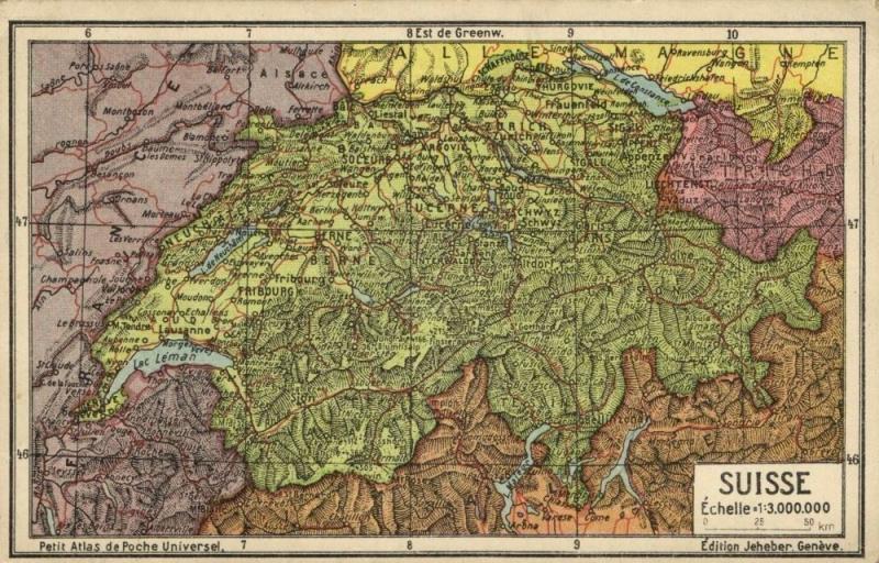 Switzerland Suisse, Jeheber Map with Country Info (1910s)