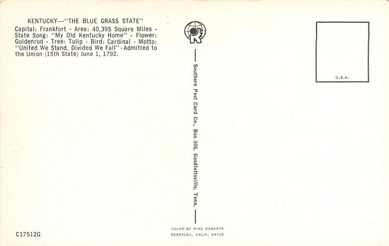 Kentucky the Blue Grass State Map KY Postcard