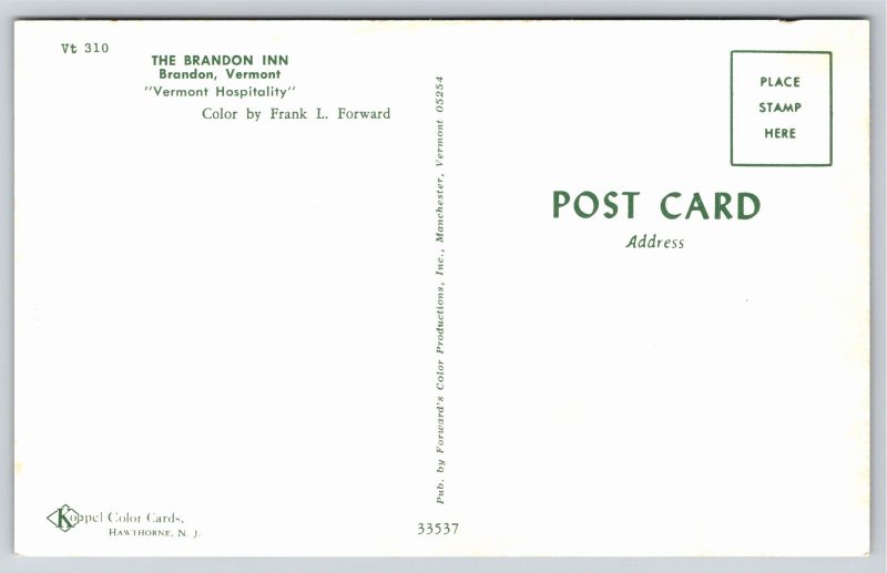 Brandon Vermont~The Brandon Inn~Vintage Postcard