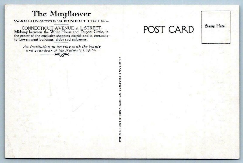 THE MAYFLOWER HOTEL WASHINGTON DC*CONNECTICUT AVE L ST*LUMITONE VINTAGE POSTCARD