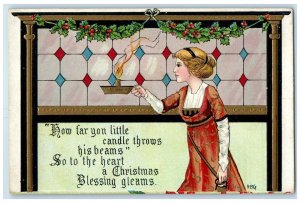 c1910s Christmas Woman Holding Candle Lights Holly Berries HBG Embossed Postcard 