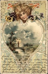 Art Nouveau Beautiful Woman Face over Nature Scene c1900 Embossed Postcard
