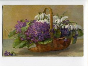 3117114 VIOLETS & SNOWDROPS in Basket by HALLER Style KLEIN old