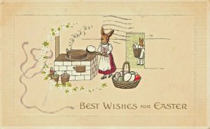 MRS RABBIT COLORING EGGS AT STOVE~MR RABBIT OFF TO DELIVER-GILT 1913 POSTCARD