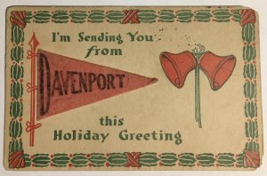 DAVENPORT, IOWA Felt Pennant Christmas Holiday Greetings 1916 Vintage Postcard