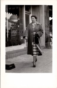 RPPC Candid Photo Woman Walking Down Sidewalk c1950 Postcard W16