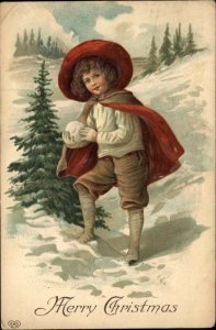 EAS Christmas Young Boy Snowball Red Cloak and Hat c1910 Vintage Postcard