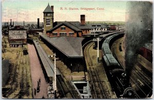 VINTAGE POSTCARD BIRD'S EYE VIEW OF THE RAIL ROAD STATION BRIDGEPORT CONNECTICUT