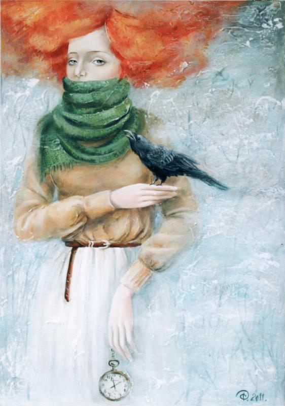 Pretty LADY Woman Raven & Pocket watch by Yana Fefelova Russian Modern Postcard