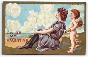 1911 VALENTINE OH BE MY VALENTINE BEACHSIDE LADY CUPID EMBOSSED POSTCARD P2499