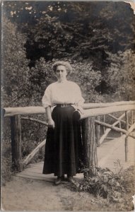 Lovely Woman Umbrella at Rustic Bridge RPPC Postcard B21