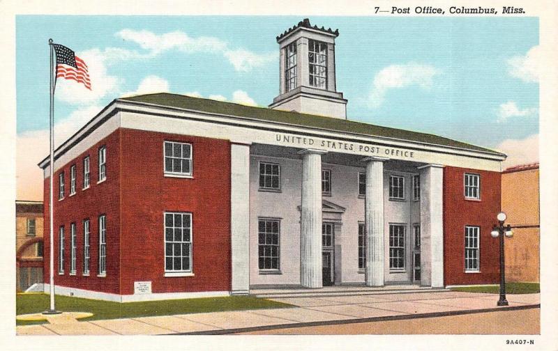 COLUMBUS, MS Mississippi POST OFFICE Lowndes Co  c1940's Curteich Linen Postcard