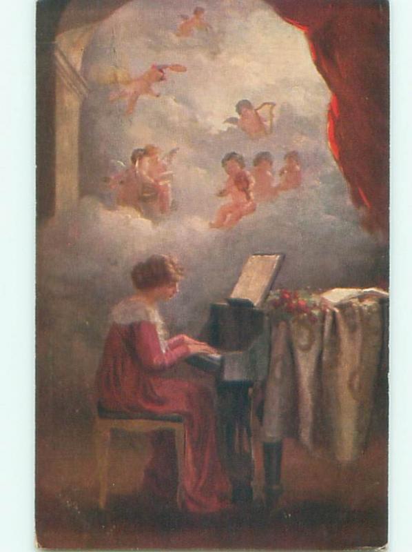 foreign Old Postcard ANGELS ABOVE WOMAN PLAYING GRAND PIANO MUSIC AC3288