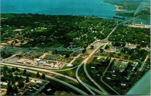 Vtg 1950s Aerial View Blue Water Bridge Port Huron Michigan MI Postcard
