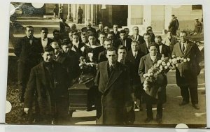 RPPC Funeral Large Group All Men Unique Casket One Sailor Real Photo Postcard I3