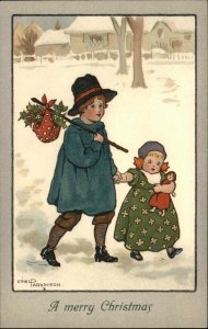 Ethel Parkinson Christmas Little Boy Baby Sister c1910 Vintage Postcard