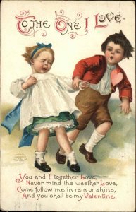 Valentine Int'l Art Boy Pulls on Crying Girl's Hand c1910 Vintage Postcard