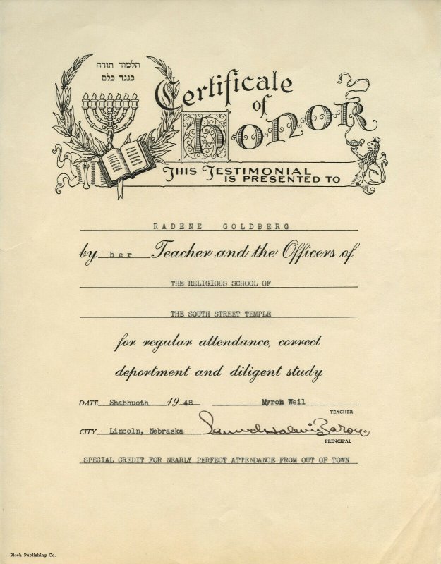 Certificate of Honor Religious School South Street Temple Lincoln NE 1948 Radene