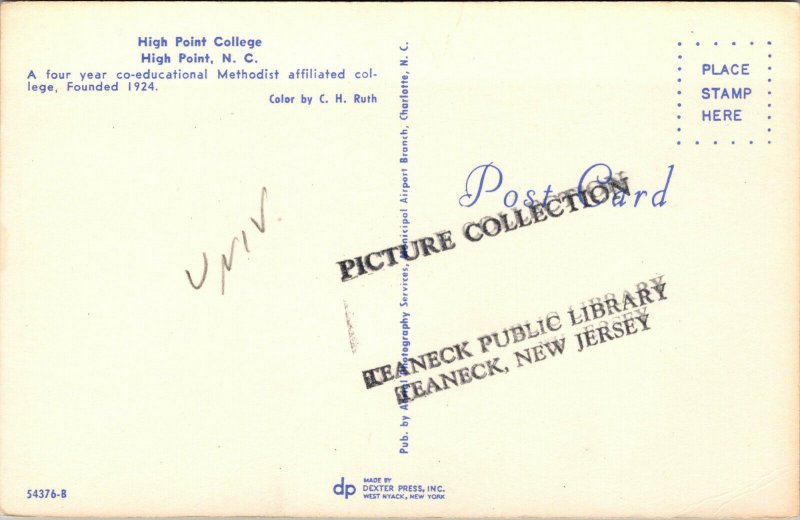 Vtg 1950s High Point College Campus North Carolina NC Postcard
